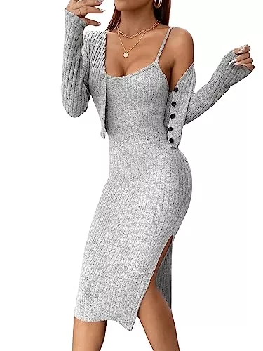 GORGLITTER Freizeit GORGLITTER Rippenstrick Kleid Damen Kleid Mit Jacke Set Elegant Zweiteiler Cami Kleid Mit Schlitz 2 Teiler Kleid