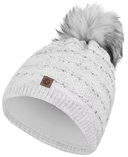 Compagno Hüte & Mützen Compagno Wintermütze Strickmütze Damen Bommelmütze Fleece Futter Beanie Mütze 88