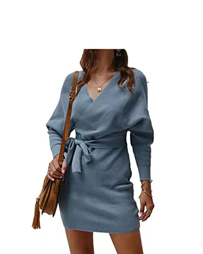 MOONSIROLI Freizeit MOONSIROLI Damen Strickkleid Pulloverkleid Wickelkleid Damen Kleider Strick Sweatkleid Freizeitkleid