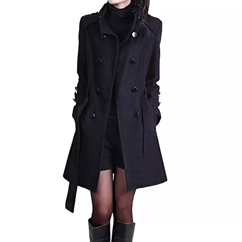 LCpddajlspig Mäntel Damen Mantel Trenchcoat,Elegant Schwarz Umlegekragen Wollmantel Zweireihiger Longsleeve Große Größen Winddichter Lang Winter Einfarbige Wintermantel Verstellbare Herbst Damenmantel Übergangsmantel