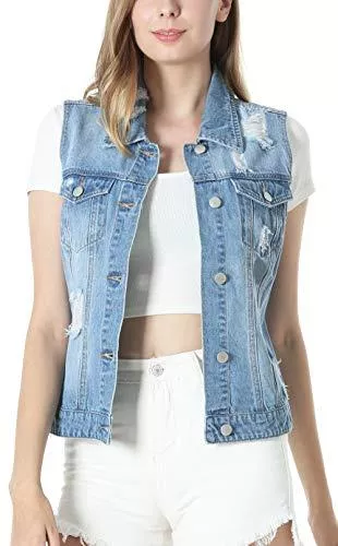 MISS MOLY Westen MISS MOLY Damen Denim Weste Distressed Cropped Washed Classic Jeans Jacken W Chest Flap Pockets