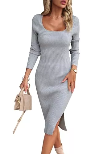 KOOSUFA Freizeit KOOSUFA Strickkleid Damen mit Schlitz Langarm Rippenstrick U Ausschnitt Bodycon Figurbetontes Kleid Wickelkleid Herbst Winter Midikleid S M L XL