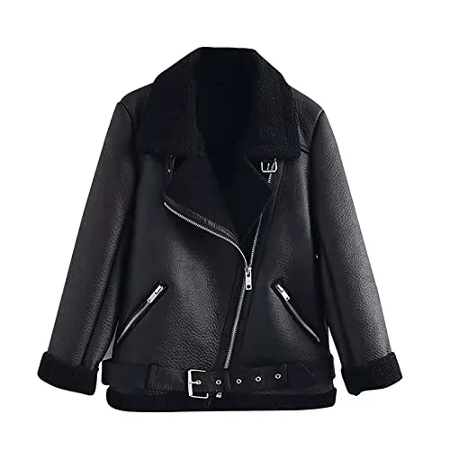 Ansenesna Jacken Ansenesna Leder Jacke Damen Gefüttert Warm Lederjacke Damen Winter Innenfutter Winterjacke Fellkragen Innen Mit Fell Fleece Jacke Reißverschluss