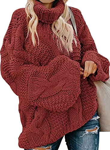 Modasua Pullover & Strickmode Modasua Damen Strickpullover Oversize Pullover Grobstrickpullover Sweatshirt Langarmshirt Rollkragen Casual Winter Kleid Übergroß Top