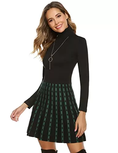 Gyabnw Freizeit Gyabnw Damen Strickkleid A Linie Kleid Rollkragen Pullover Elegante Minikleid Langarm Winterkleid Streifen Optik Strickpullover Retro Kleid für Freizeit Cocktail