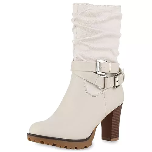 VAN HILL Stiefel VAN HILL Damen Stiefeletten Biker Boots Leicht Gefüttert mit Blockabsatz Schnallen Profilsohle