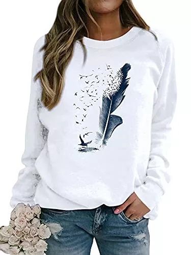Dresswel Pullover & Strickmode Dresswel Pullover Damen Feder Drucken Sweatshirt Langarmshirt Rundhals Langarm Shirts Herbst Winter Pulli Tops Oberteile Bluse