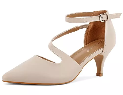 Greatonu High Heels Greatonu Women's Pointed Toe Court Shoes with Ankle Strap and Kitten Heel