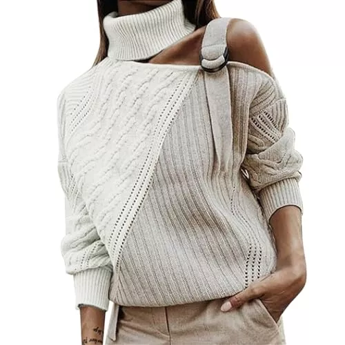 Uikceten Pullover & Strickmode Uikceten Damenpullover in passender Farbe Rollkragen-Strickpullover Damen Schulterfreier Strickpullover mit Farbigem Blocking Lockerer Lässiger Strickpulli