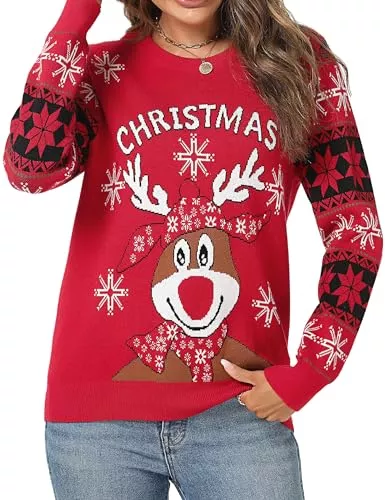 Uniexcosm Pullover & Strickmode Uniexcosm Weihnachtspullover Damen Ugly Strickpulli Pullover Warm Langarm Strickpullover Rentier Winterpullover Rundhals Sweater mit Elch Motiven für Weihnachtsparty