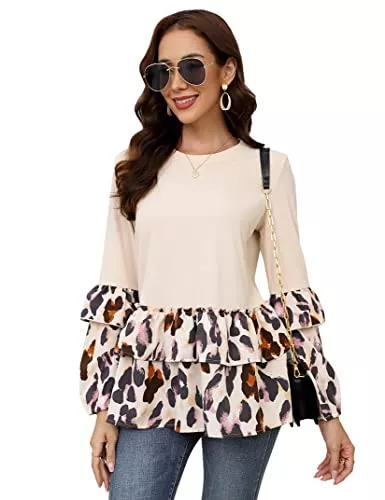 KOJOOIN Langarmblusen KOJOOIN Damen Bluse T-Shirt Langarm Hemd Casual Sweatshirt Leopardenmuster Oberteile Top (Verpackung MEHRWEG)