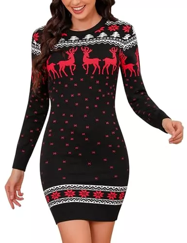Irevial Freizeit Irevial Strickkleid Damen Rundhals Pullikleid Weihnachtskleid Langer Pulloverkleid Frauen Kleider Pullover Rippstrick Wickelkleid Schneeflocken Muster Bequem Für Winter Freizeit Party