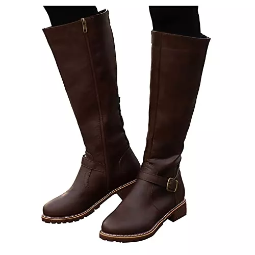 Briskorry Stiefel Hohe Stiefel Damen Breite Waden mit Quadrat Absätze Stiefeletten Comfort Stickerei Braun Frauen Hinter Zipper Langschaft Stiefel Herbst Winter Stiefel Stiefelette Knöchel Schuhe Ankle Boots