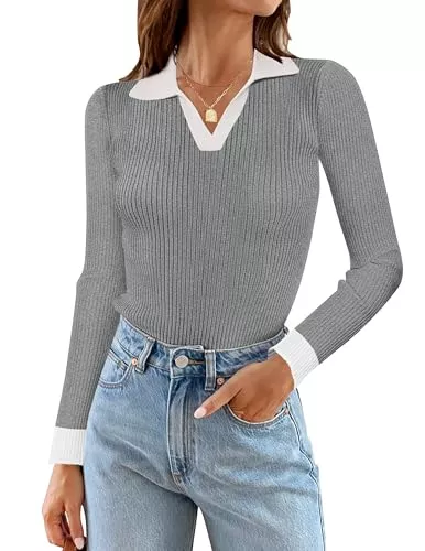 MEROKEETY Pullover & Strickmode MEROKEETY Damen 2023 Herbst V-Ausschnitt Langarm T-Shirts Slim Fitted Rippstrick Casual Tee Tops