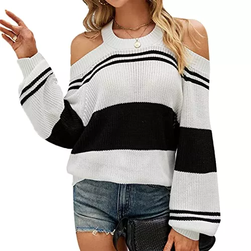 Greensen Pullover & Strickmode Damen Neckholder-Sweatshirt mit Kalter Schulter, Langer Laternenärmel, Gestreifter Block-Off-Shoulder-Pullover, Sexy Neckholder-Rücken, Kreuzstrick-Pullover, Lässiges, Breit Gestreiftes Pullover-Top
