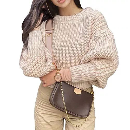 Shownicer Pullover & Strickmode Shownicer Pullover Damen Rollkragenpullover Strickpullover Laternenärmel Lässiges Stricken Pulli Grobstrickpullover Casual Lose Sweater Oberteile
