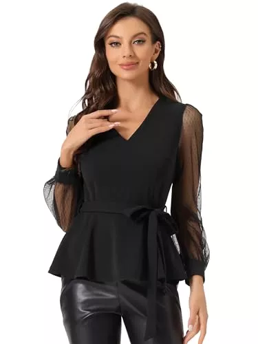 Allegra K Langarmblusen Allegra K Damen Langarm V-Ausschnitt Mesh Stern Rüschen Bindegürtel Oberteil Top Bluse