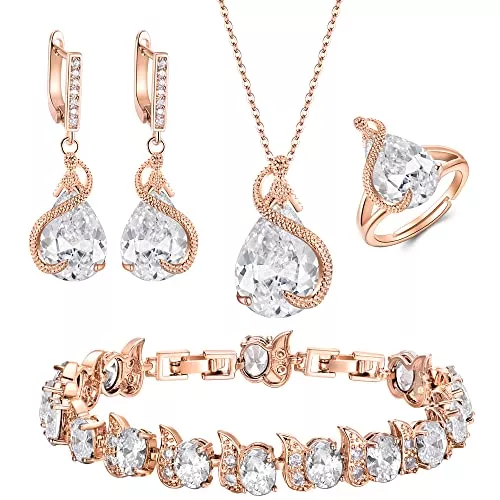 EVER FAITH Schmuck EVER FAITH 4 Stück Tropfen Cubic Zirconia Schmuck Set Glamour Anhänger Halskette Ohrringe Tennis Armband und Offener Ring Set für Damen Hochzeit Party Klar Silber-Ton