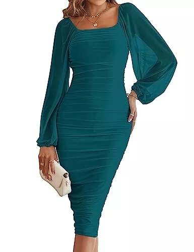 Merokeety Cocktail MEROKEETY Damen Lange Puffärmel Geraffte Bodycon Kleid Square Neck Mesh Cocktail Party Midi Kleider