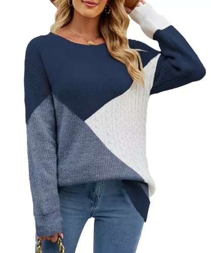 Rayson Pullover & Strickmode Rayson Pullover für Frauen Damen Strickpullover mit losem Ausschnitt Bequeme Blusen mit Langen Ärmeln Mode Lose Frauen Patchwork Bunte Pullover Pullover Sweater