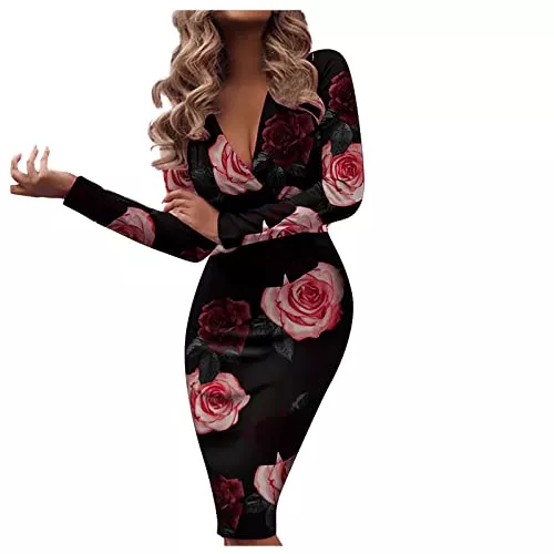 MICKURY Cocktail MICKURY Festliche Kleider Für Hochzeit, Damenmode Temperament V-Ausschnitt Plissee Pailletten Hüfttasche Langarm Langes Longuette Kleider