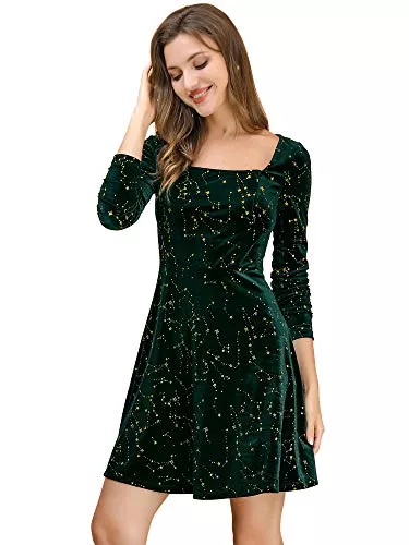 Allegra K Freizeit Allegra K Damen Weihnachten Sterne Quadratischer Ausschnitt Vintage Samt Minikleid