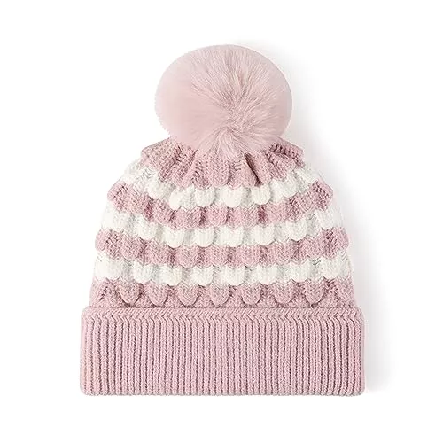 LumiSyne Hüte & Mützen LumiSyne Bommelmütze Für Damen Farbnähte Streifen Strickmütze Mit Fell Bommel Thermo Fleece Gefütterte Warme Dicke Wintermütze Gestrickte Pudelmütze Winter Beanie Hüte Für Kaltes Wetter Outdoor Sport