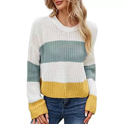 NHNKB Pullover & Strickmode Dicker Pulli Damen Thermo-Oberteile für Damen, Langarm-Oberteile, Rundhalsausschnitt, gestrickt, gestreift, Hemd, Pullover, Pullover, Pullover, Oberteile, Pullover, lässig, Cardigan Hoodie Damen