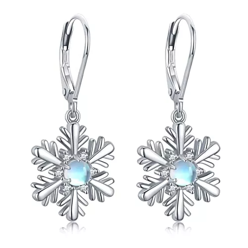 Midir&Etain Schmuck Schneeflocke Ohrringe 925 Sterling Silber Mondstein Schneeflocke Baumeln Tropfen Ohrringe Schneeflocke Schmuck Weihnachts Geschenke für Frauen Mädchen Damen