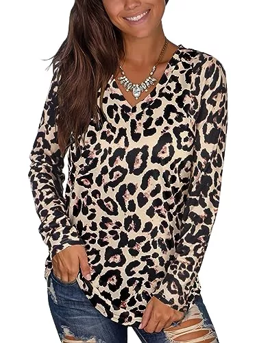 ADREAMLY Langarmblusen ADREAMLY Oberteile Damen Sommer T-Shirt Casual Locker V-Ausschnitt Animal Print Basic Shirt Kurzarm Tops Elegant Bluse