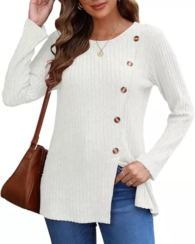 AUSELILY Pullover & Strickmode AUSELILY Pullover Damen für Frauen Langarm Tops Leicht Lose Casual Herbst Winter Tunika Pullover Rundhals Shirts Knöpfe Seite