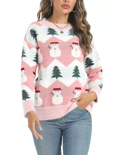 Marvmys Pullover & Strickmode Marvmys Weihnachtspullover Damen Winter Fun Strickpullover Rundhals Weihnachtspullis mit Rentiermuster und Schneemann Muster Gestrickte Pullover Langarm Sweatshirt für Frauen