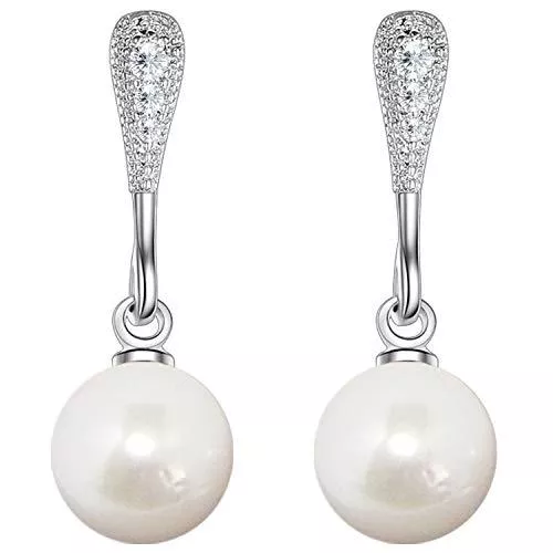 Löb Schmuck LÖB Damen Perlenohrringe Hängend 925 Silber mit Zirkonia Strass Steinen Tropfen-Form Perlen Anhänger Weiß Ohrringe Ohrstecker Brautschmuck