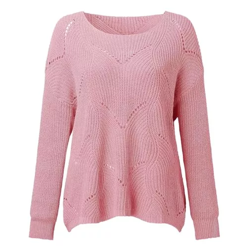 Uikceten Pullover & Strickmode Uikceten Damen Strickoberteil mit Rundhalsausschnitt und Cut-Out Frauen Rundhals Langarm Strickpullover Einfarbig Lose Pullover Hohl Pullover Vintage Sweater