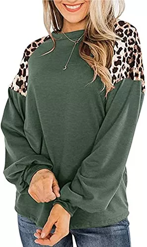 Ranphee Langarmblusen Damen Langarm Leopard Patchwork Bluse Oberteile Rundhals Shirt Langarmshirt Herbst Casual Hemdbluse Tops