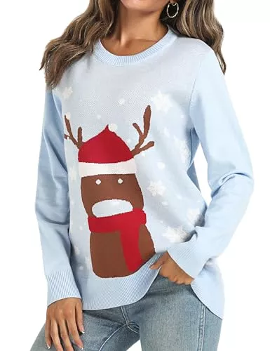 Sykooria Pullover & Strickmode Sykooria Pullover Damen Strickpulli Weihnachten Ugly Christmas Sweater Rundhals Weihnachtspullover mit Schneemann Rentiermuster