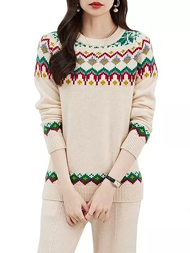 LINY XIN Pullover & Strickmode LINY XIN Damen 100% Merinowolle Pullover 2023 Herbst-Winter Strick Weich Rundhalsausschnitt Bedruckter Pullover Langarm