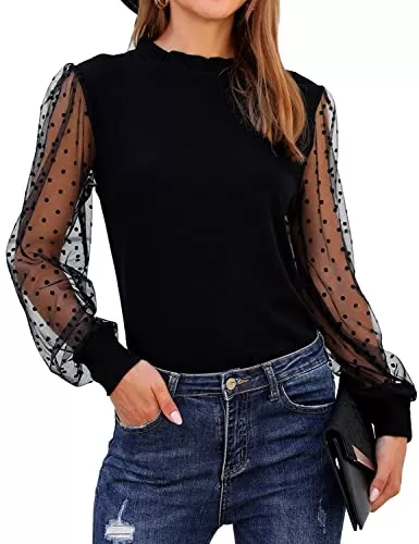 Blooming Jelly Langarmblusen Blooming Jelly Damen Tops Mit Stehkragen Mesh Langarmhemden Gepunktete Rüschen Elegante Bluse