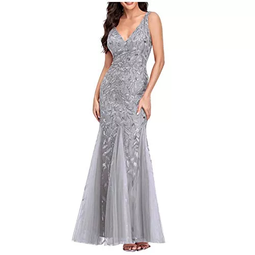 Qigxihkh Abendkleider Qigxihkh Damen Sommer Rock Lässig Mode Kleider Bequem Frauen Röcke Damen Perlen Mesh Gaze Fischschwanz Kurzarm O-Ausschnitt Schlankes Abendkleid