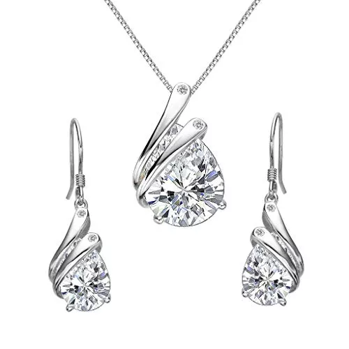 Clearine Schmuck Clearine Damen Schmuckset 925 Sterling Silber Hochzeit Braut Zirkonia Teardrop Engel Flügel Feder Anhänger Halskette Haken Ohrringe Set