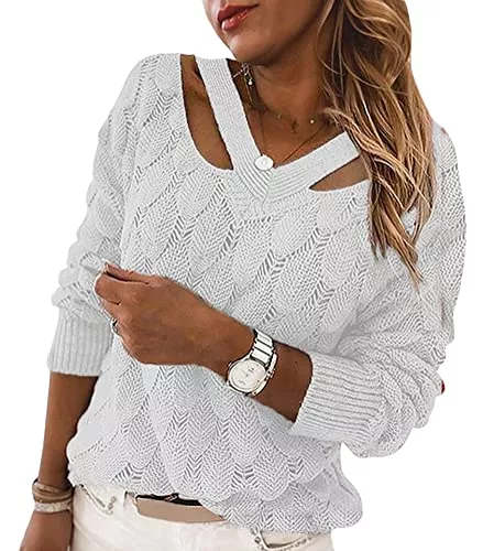 Tomwell Pullover & Strickmode Tomwell Pullover Damen Strickpullover Elegant Feder Hohlpullover Casual V-Ausschnitt Langarm Jumper Lose Pulli Einfarbig Sweater Oberteile Tops Herbst Winter