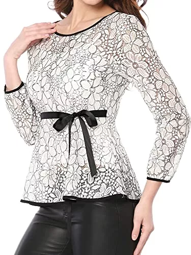 Allegra K Langarmblusen Allegra K Damen Langarm Bindegürtel Panel Spitze Peplum Top Bluse