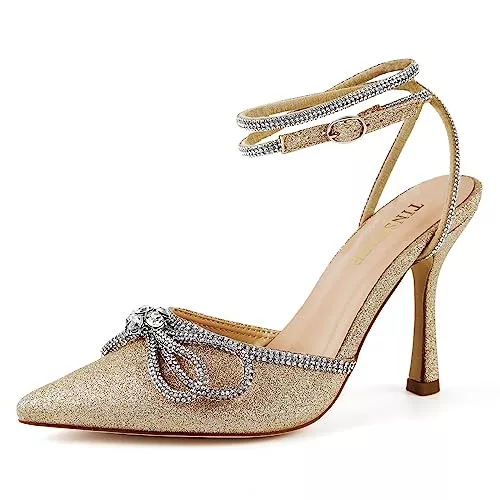 Beotyshow High Heels Bow Heels,Damen Stiletto High Heels Strass Knöchelriemen Absatz Sandalen für Party Hochzeit Braun Schleifen Heeled Pumps
