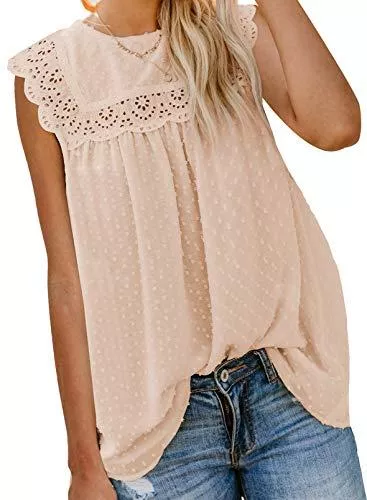 CORAFRITZ Ärmellose Blusen Damen Tank Tops Casual Solide Spitze Bluse Rundhals Ärmellos Swiss Dot Cutout Elegant Camisole Cami Weste Tops