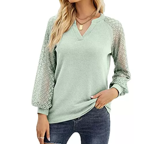 Fotormt Langarmshirts Fotormt Damen Langarm Tops Casual Waffel Spitze Blusen T-Shirt Trendy V-Ausschnitt Herbst Kleidung für Frauen