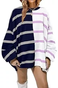 GeGekoko Pullover & Strickmode GeGekoko Oversize Pullover Damen Winter Striped Sweatshirts Rundhalsausschnitt Langarm gestrickt Farbe Block Casual Loose Elegant Pulli Sweatshirts für Frauen
