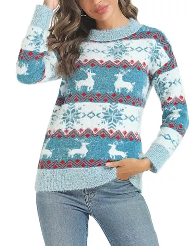 Marvmys Pullover & Strickmode Marvmys Weihnachtspullover Damen Winter Fun Strickpullover Rundhals Weihnachtspullis mit Rentiermuster und Schneemann Muster Gestrickte Pullover Langarm Sweatshirt für Frauen