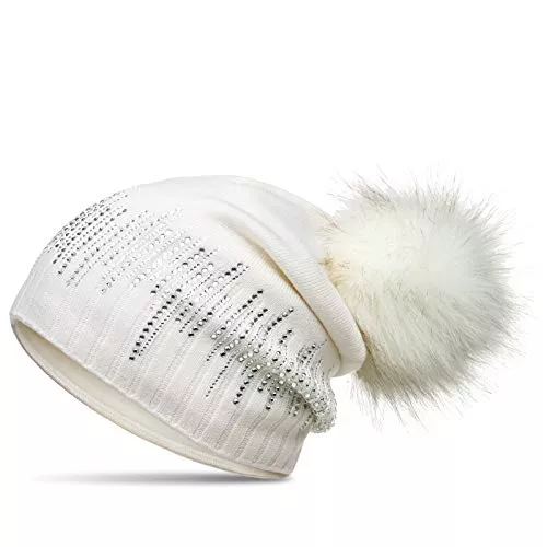 Caspar Hüte & Mützen Caspar MU206 Gefütterte Damen Feinstrick Long Beanie Mütze mit Glitzer Strass und tierschutzgerechtem Kunstfell Bommel