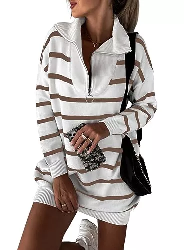 Dokotoo Pullover & Strickmode Dokotoo Pullover Kleider Damen Kleid Langarm Streifen Geringeltes Strickkleid Sexy Minikleid Herbst Winter Strick Sweater Reverskleid Reißverschluss Freizeitkleid S-XL
