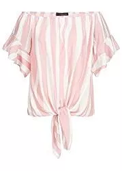 Styleboom Fashion Kurzarmblusen Styleboom Fashion® Damen Shirt Off-Shoulder Tie-Knot Top Streifen Bluse rosa Weiss